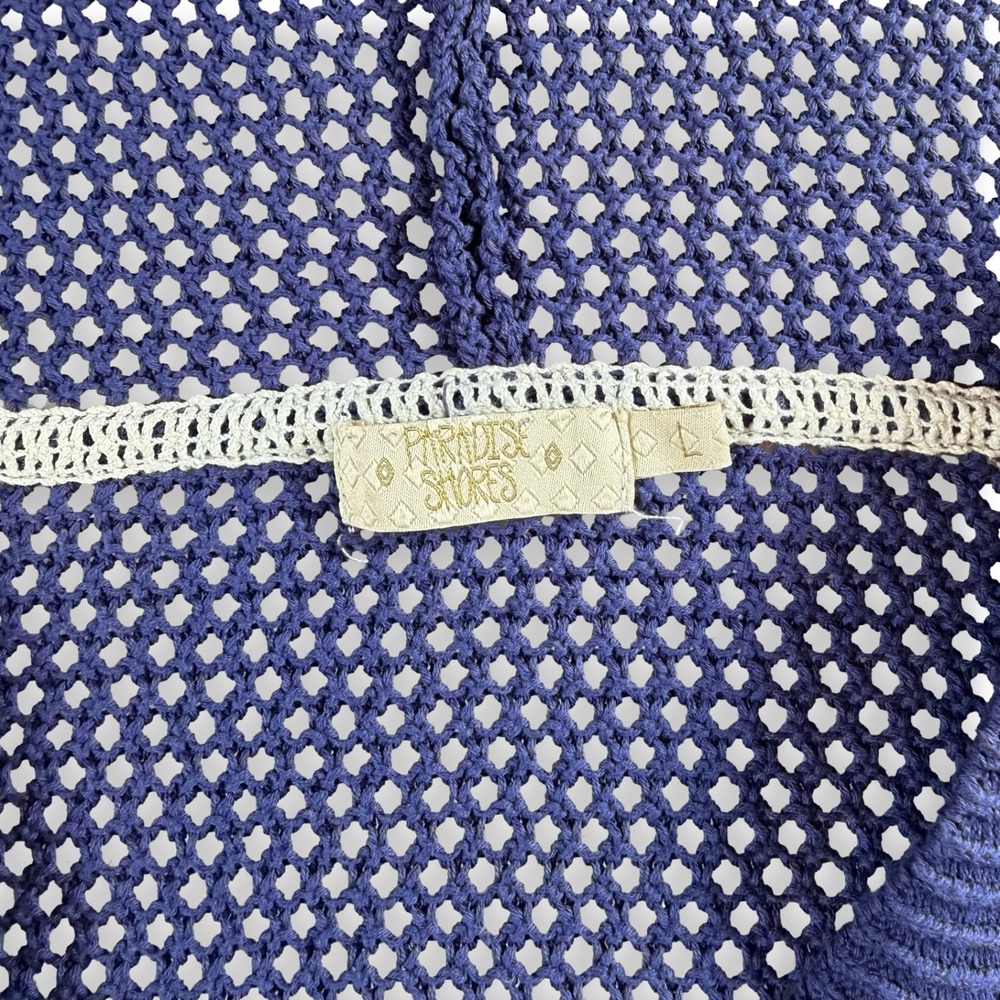 Paradise Shores Blue Open Knit Crochet Hoodie Sweater Side Button Cotton Large - Picture 6 of 7